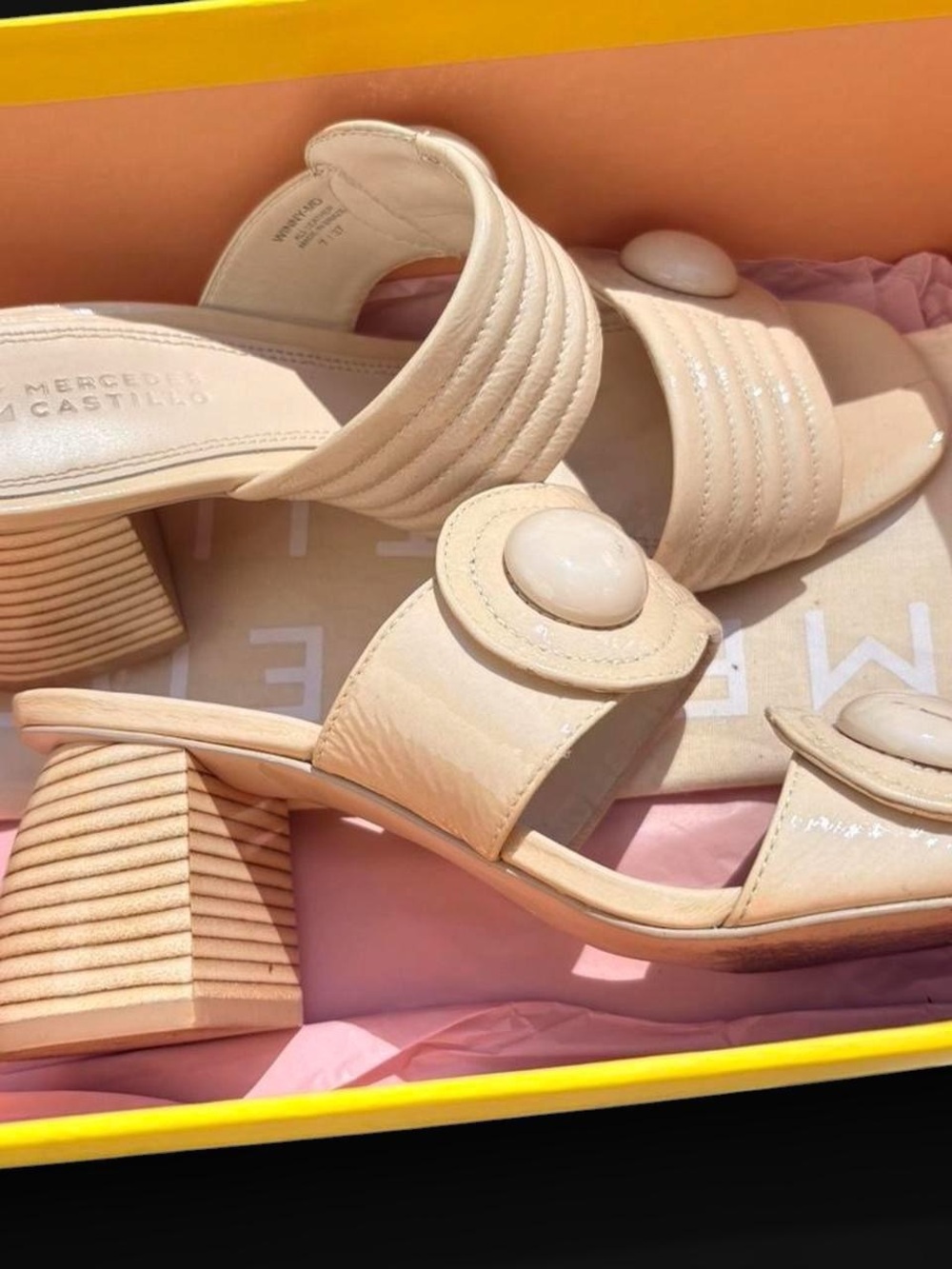 MERCEDES CASTILLO Neutral Beige Block Heel Mules